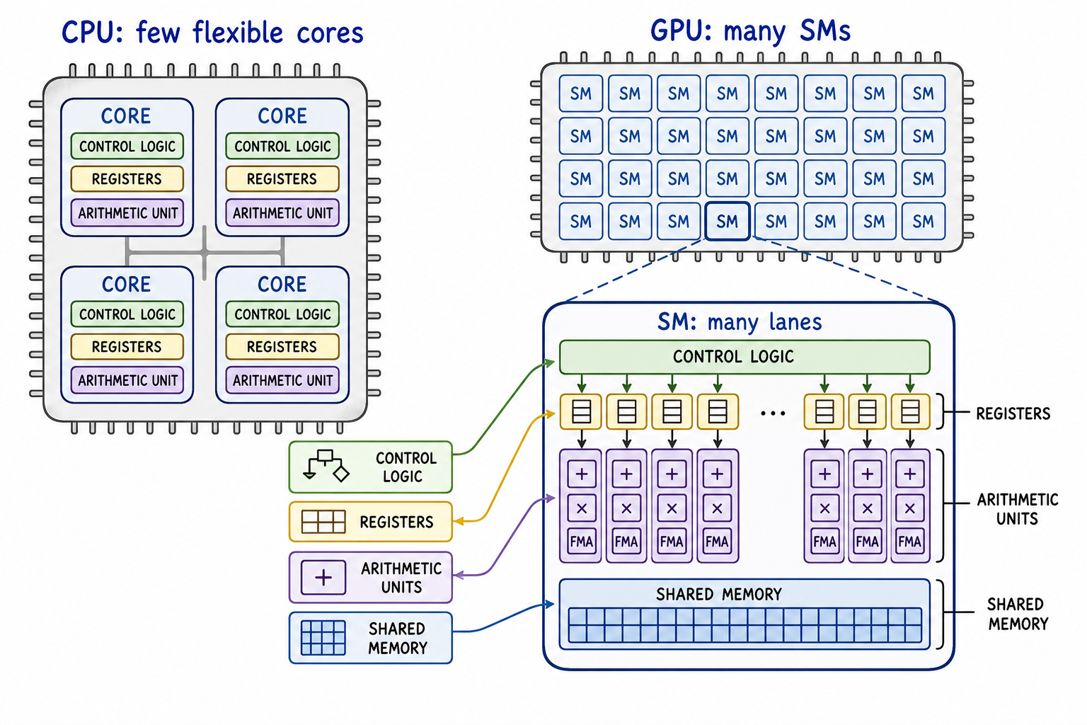 Lecture-note style illustration comparing a CPU with a few flexible cores to a GPU with many SMs and many execution lanes.